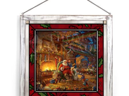 Santa s Workshop - 20  x 20  Framed Glass Art (White Frame) For Discount