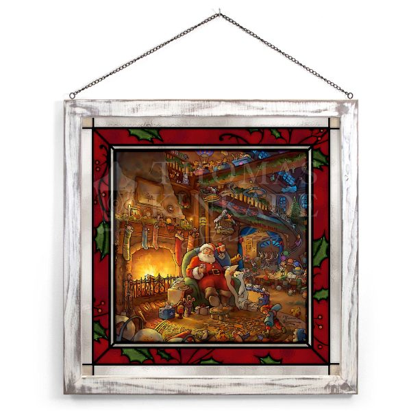 Santa s Workshop - 20  x 20  Framed Glass Art (White Frame) For Discount