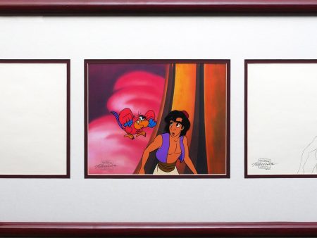 Aladdin and Iago Walt Disney Production Art Animation Cel and Drawings from 1994 Return of Jafar Framed 4 C-A Supply