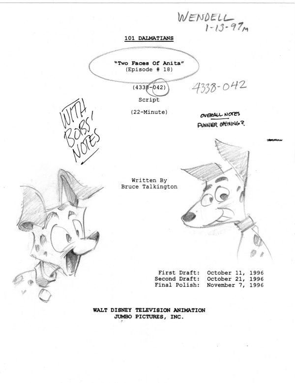 101 DALMATIANS Disney Production Script Copy WITH DRAWINGS from Animator Wendell Washer Estate 1997 a Online Hot Sale