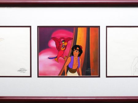 Aladdin and Iago Walt Disney Production Art Animation Cel and Drawings from 1994 Return of Jafar Framed 3 C-A For Sale